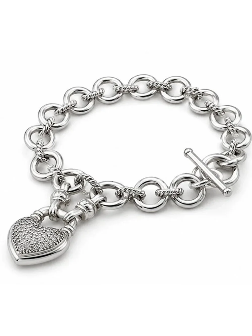 Genuine Diamonds Link Heart Charm Bracelet Solid .925 Silver